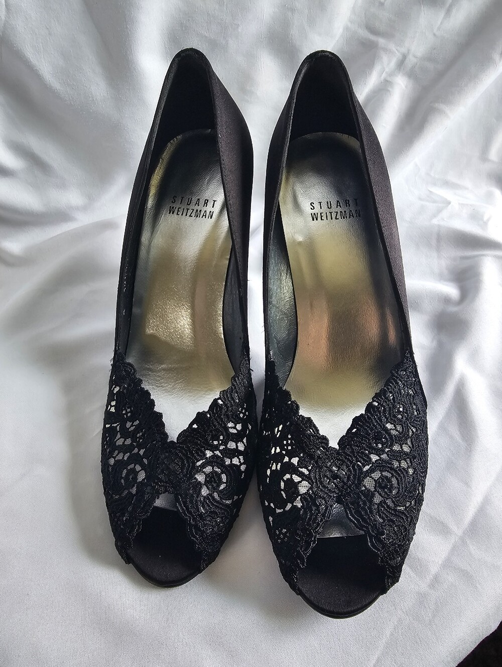 Stuart Weitzman Black Lace Peep-Toe Heels Size 7